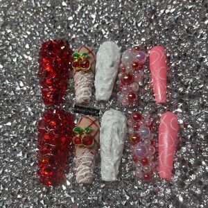 Valentines Day Handmade Custom Press on Reusable Red and Pink Ruby Bling Nails